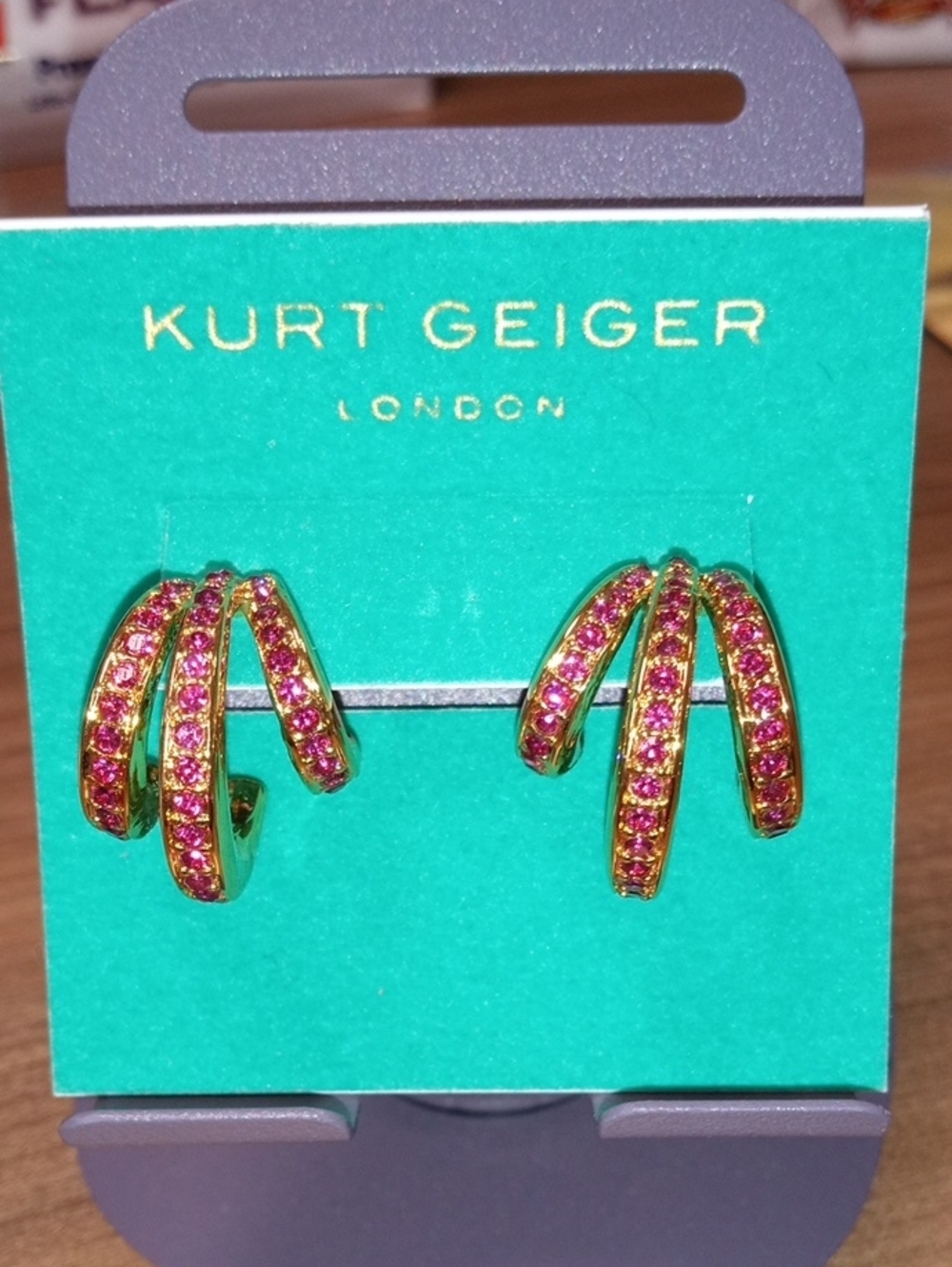 Kurt Geiger Gold Tone Triple Hoop Earrings with Pink Crystals